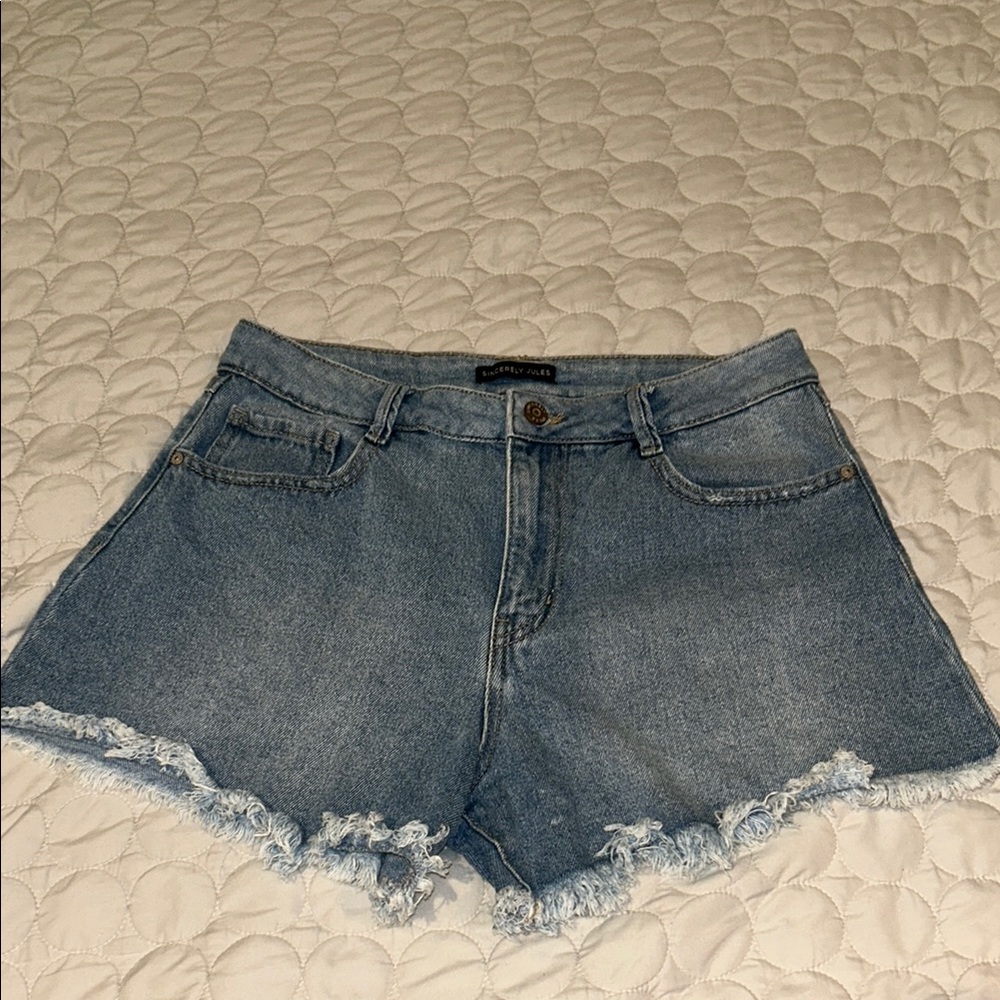Sincerely Jules Blue Jean Shorts Distressed Frayed Hem